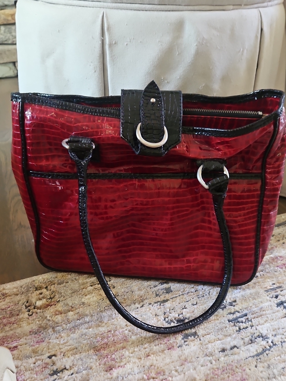 Red Croc-Embossed Tote Bag with Black Trim